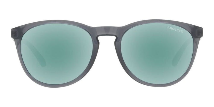 Sleek Gray Frame with Greenish-Blue Tinted Lenses