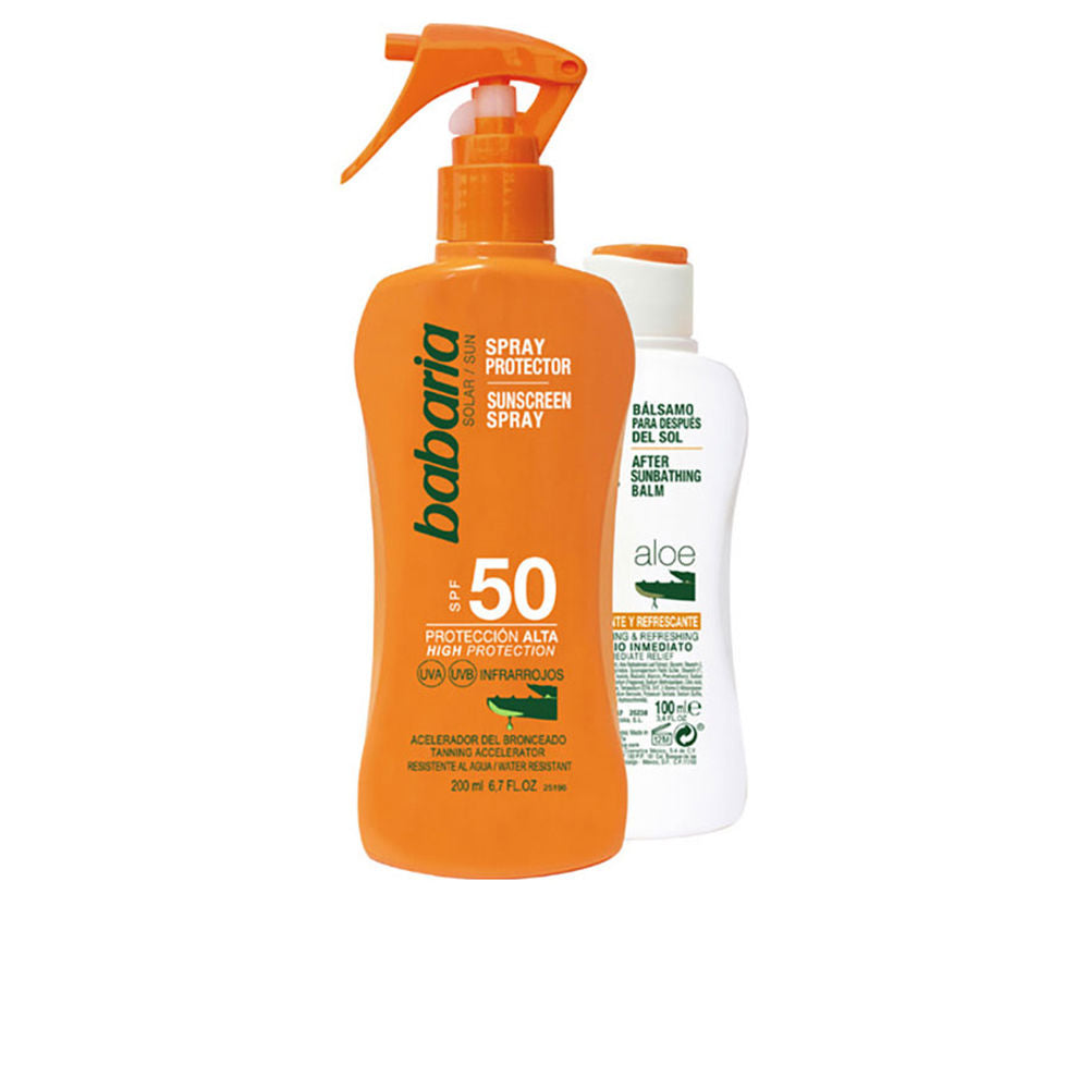 Two 200 ml bottles of Babaria Aloe Vera Sun Milk SPF 50 in a solar care kit