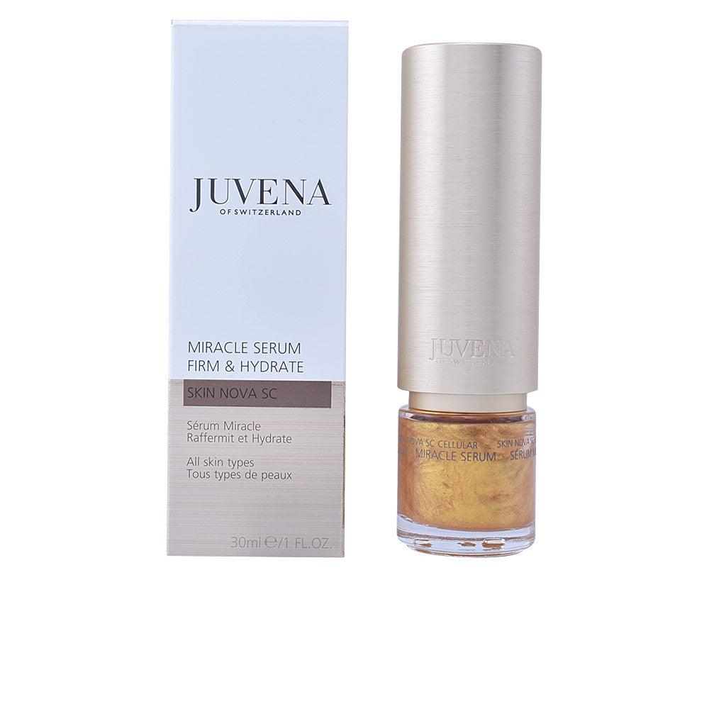 30 ml gold-speckled firming serum in clear bottle, pump dispenser