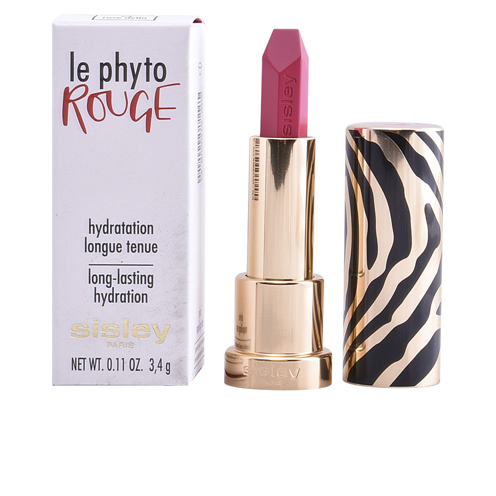 Satin gel lipstick in Rose Delhi, angled bullet, magnetic zebra cap