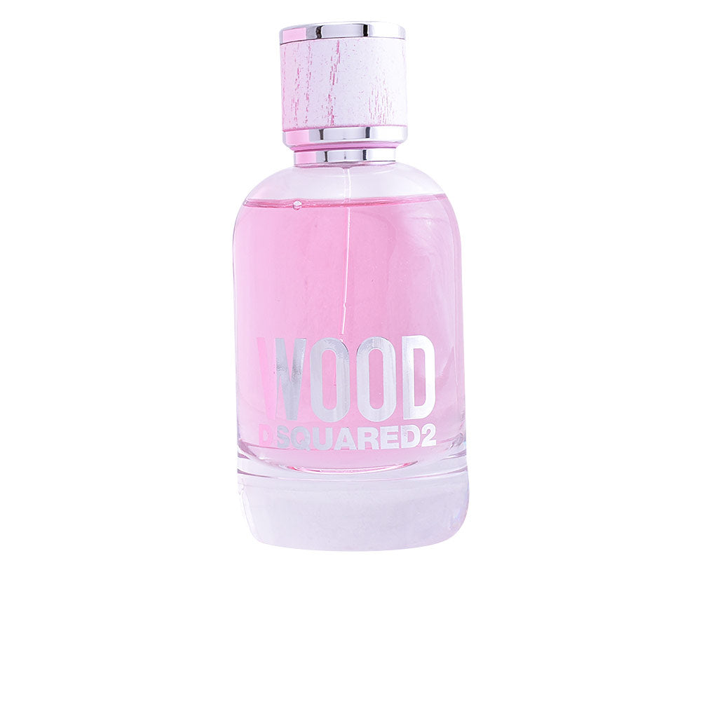 Glass perfume bottle with clear liquid and wooden-effect cap, 50 ml