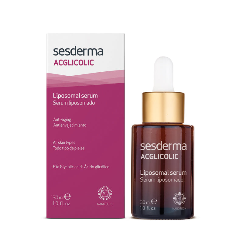 30 ml glass bottle of liposomal glycolic renewal serum with pump, pale amber liquid