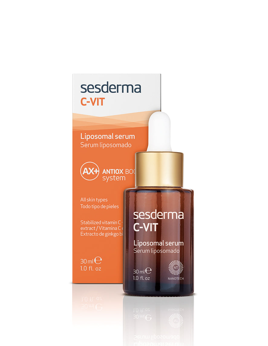30 ml liposomal vitamin C brightening serum in glass bottle with dropper
