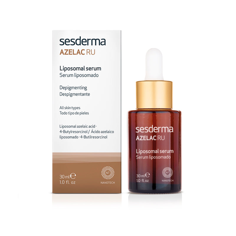 30 ml liposomal depigmenting serum in clear bottle with pipette