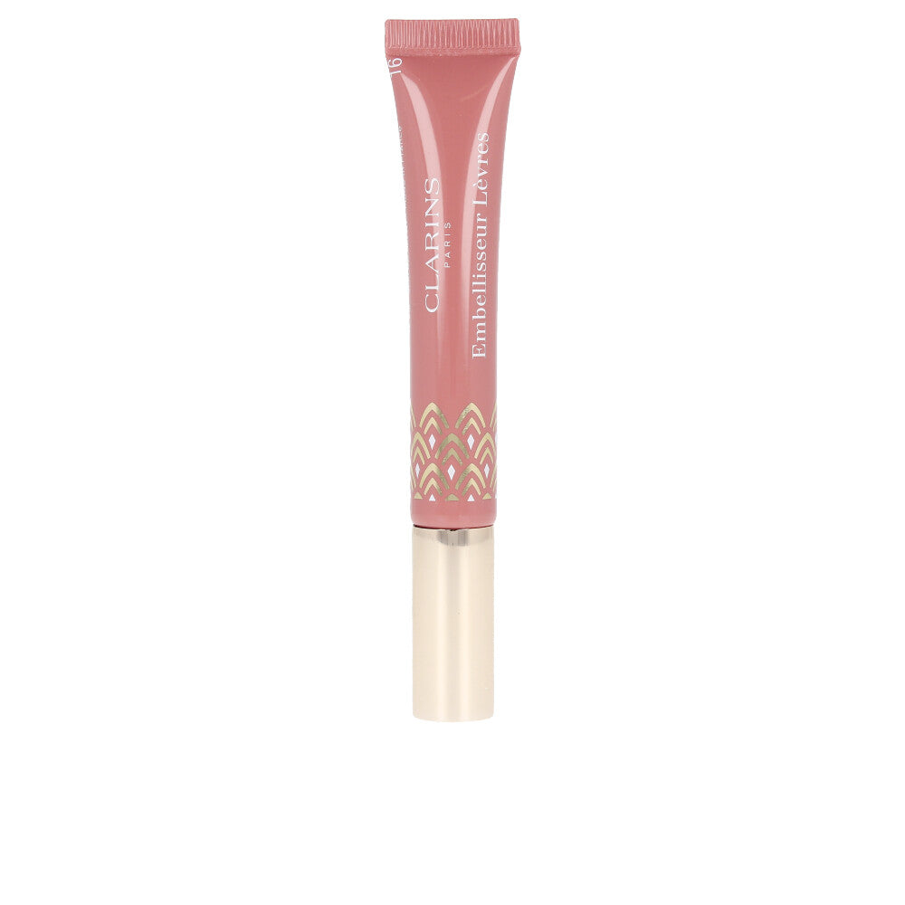 Translucent rosy-brown lip gloss in 12 ml tube, glossy finish