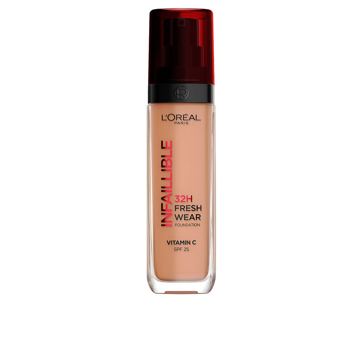 30 ml pump bottle of long-wear fluid foundation in amber shade