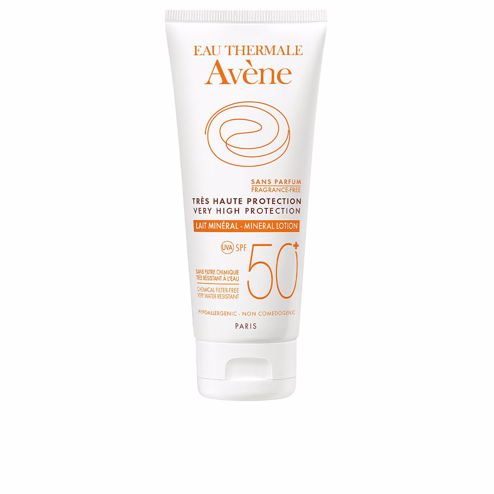 Tube of SPF50+ mineral sun lotion with creamy texture, 100 ml
