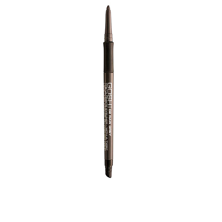 Grey double‑ended eyeliner pencil with sponge smudger and built‑in sharpener
