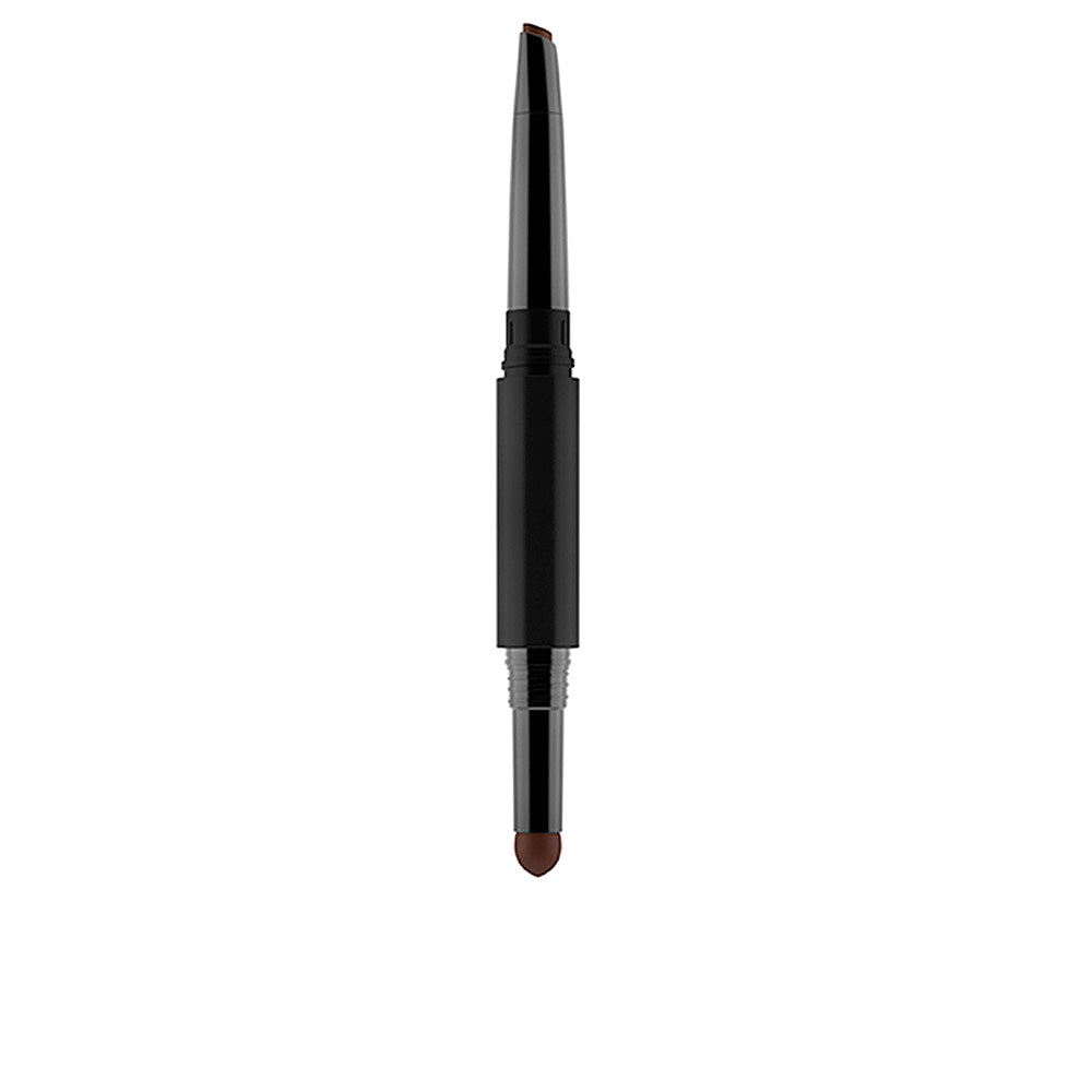 Dual‑ended retractable brow pencil in dark brown, creamy texture