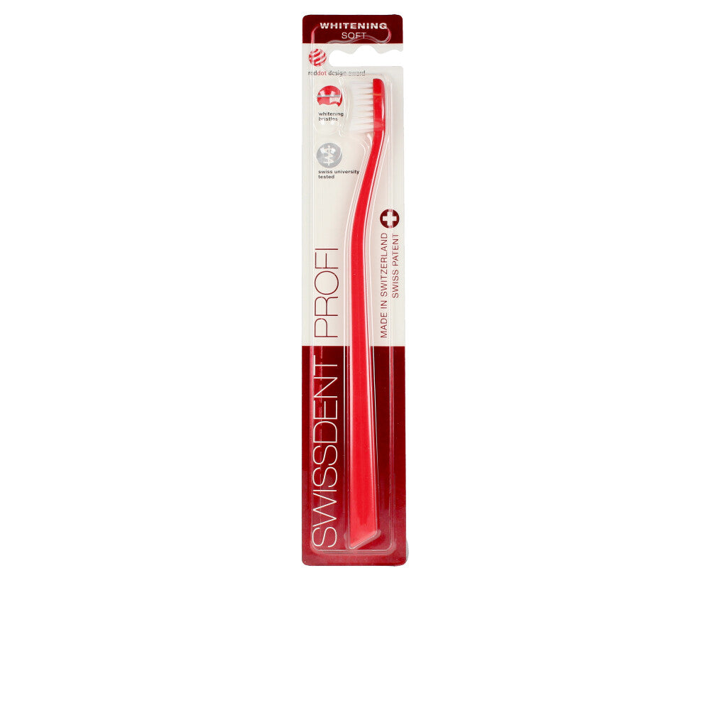 Red compact toothbrush with spoon-cut dense bristles, slim neck, Unisex
