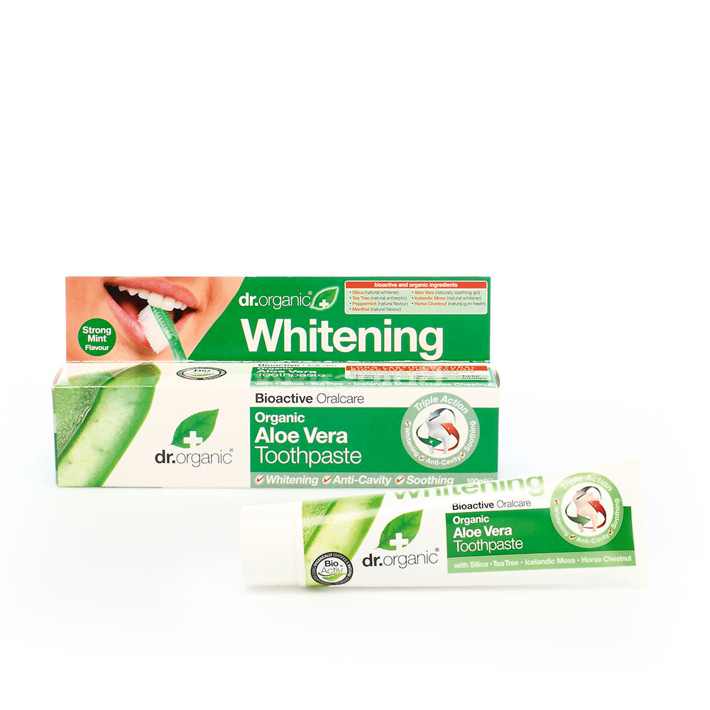 Tube of Aloe Vera brightening toothpaste; 100 ml, peppermint and silica formula