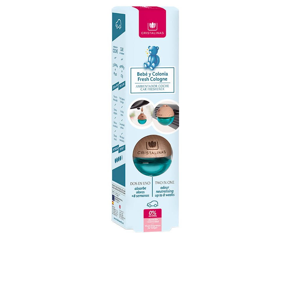Compact Cristalinas CAR air freshener in soft baby-cologne scent for vehicle interiors