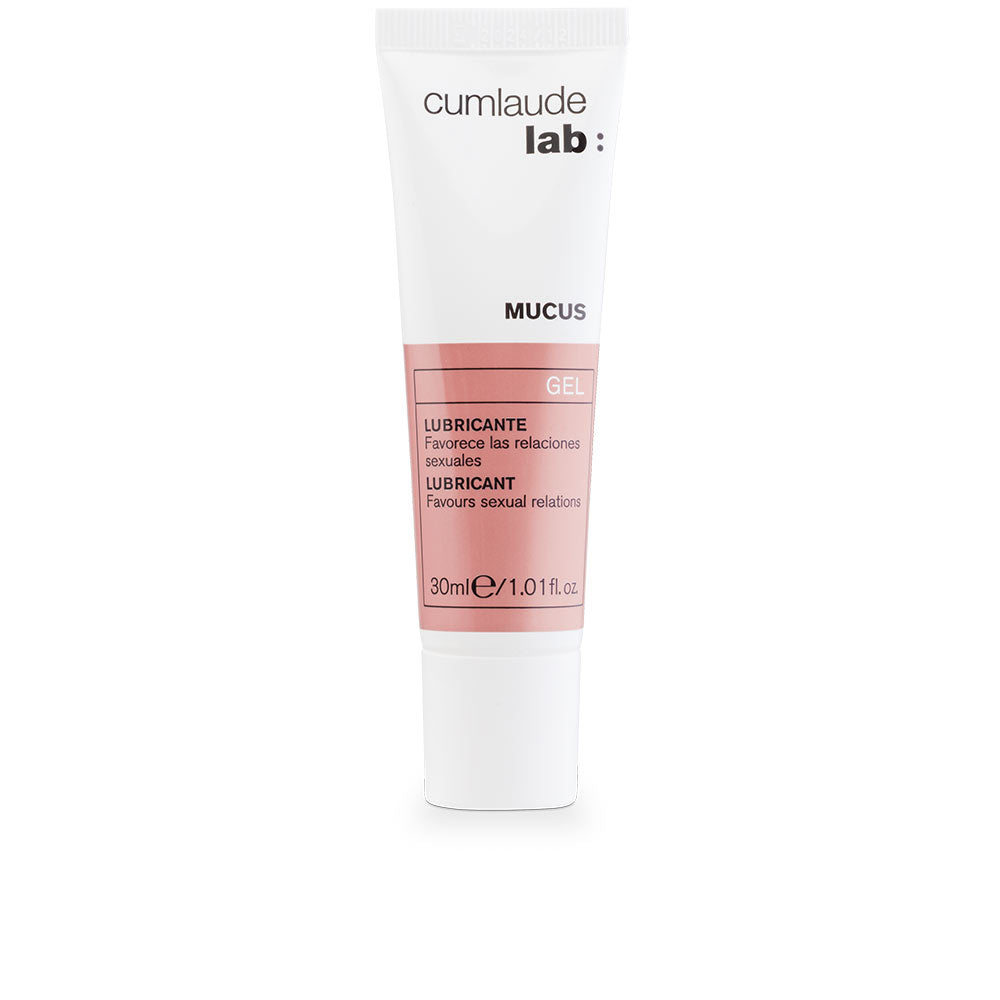 Clear tube of water‑based intimate lubricating gel labeled MUCUS by Cumlaude Lab