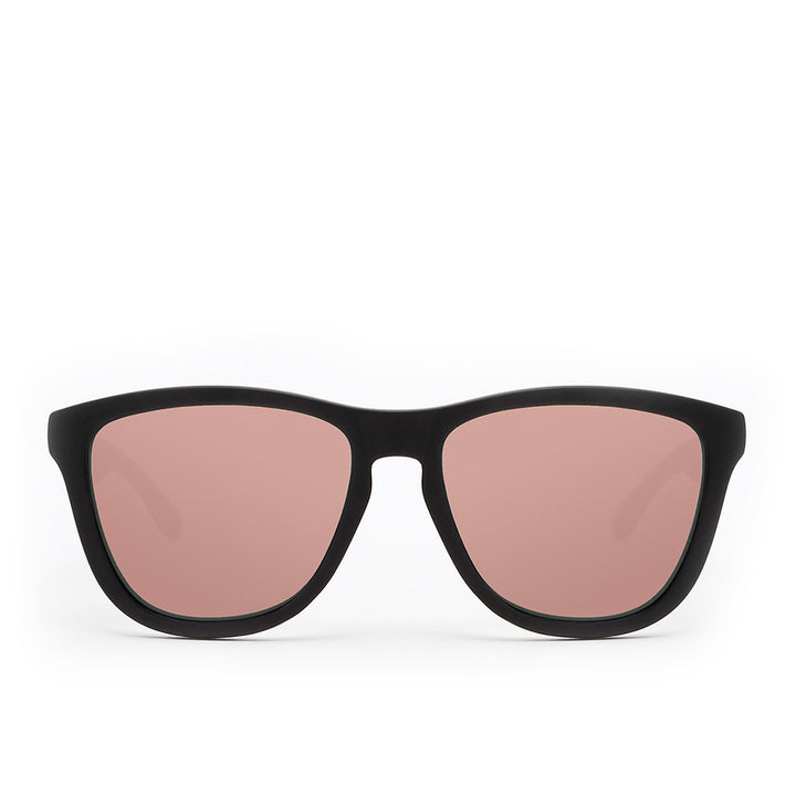 Carbon black rounded TR90 sunglasses with rose‑gold accents, Unisex, includes pouch