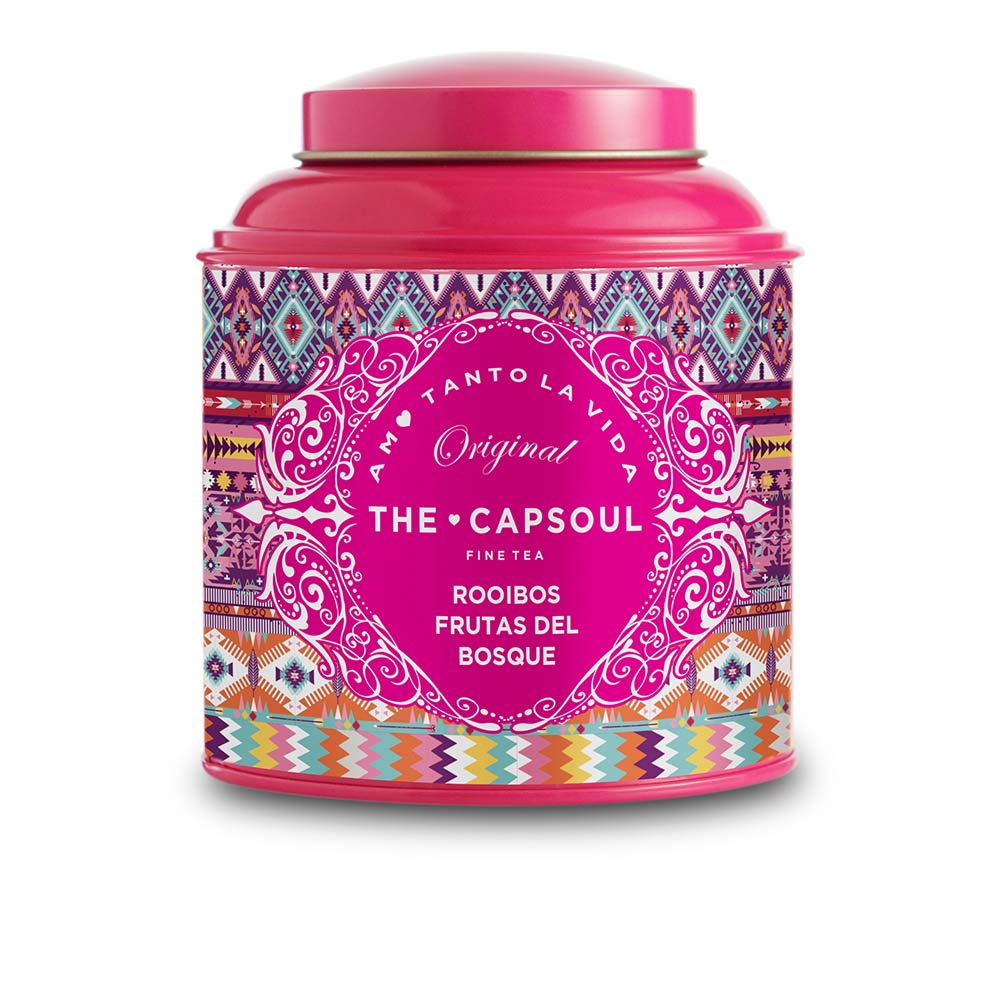 Loose rooibos tea with dried berries in a glass jar, labelled 100 g