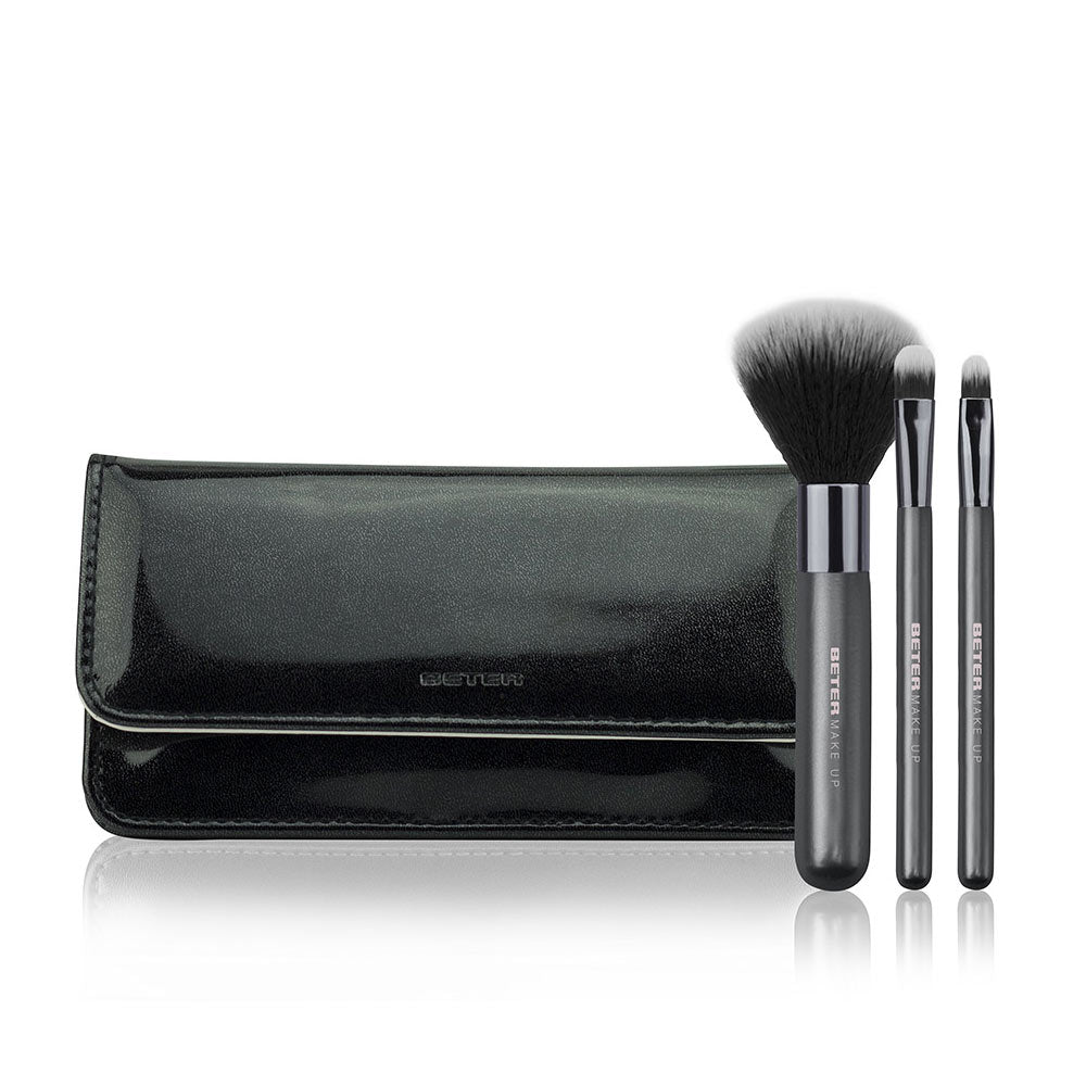 Set of three black makeup brushes with synthetic bristles and glossy foldable magnetic case, Beter