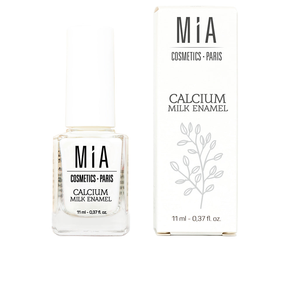 Mia Cosmetics Glass bottle of calcium milk enamel for fragile nails, milky white polish in slender brush-top vial.