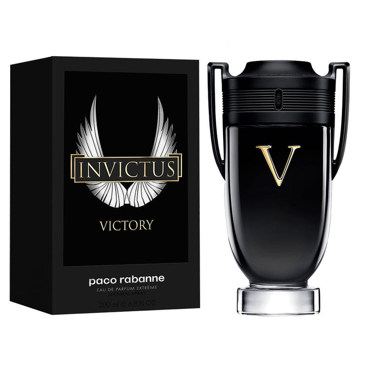 Glossy black 100 ml eau de parfum bottle with gold V and matte black cap