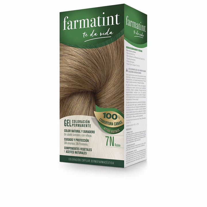 Tube and developer bottle of 7N light blonde gel hair colour with after‑care vials and gloves