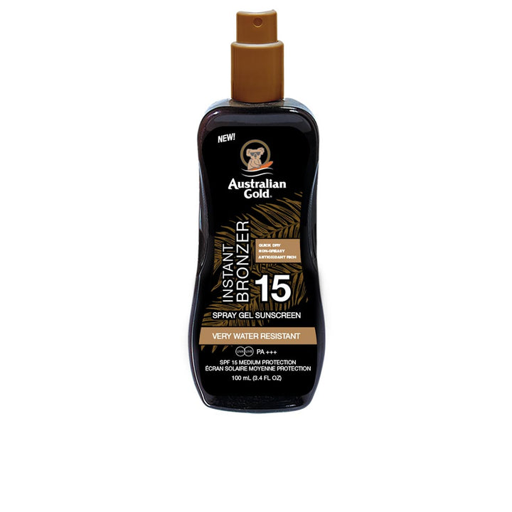 100 ml tinted spray gel sunscreen in travel size bottle, instant bronzing SPF 15