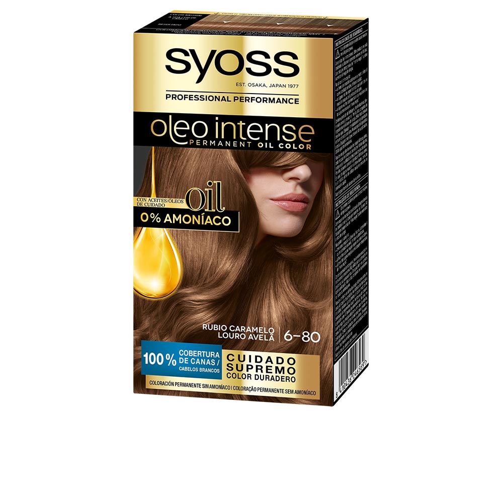 Boxed oil-based hair tint in shade 6.80 Caramel Blonde, 5-piece kit