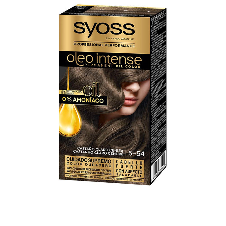 Tube and developer kit for oil-infused permanent hair colour, shade 5.54 light ash brown