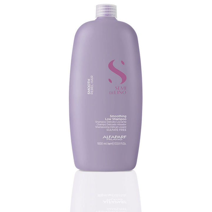 Tall 1000 ml bottle of smoothing low shampoo for unruly hair, neutral label