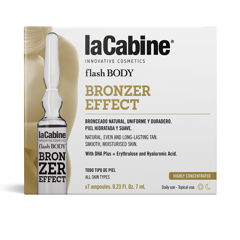 Single 7 ml glass ampoule of liquid bronzer with clear golden solution