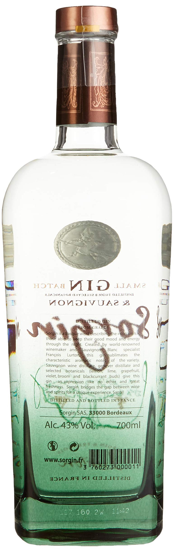 Alambic Sas Green-to-clear glass gin bottle with copper emblem, gold neck seal, grapevine illustration