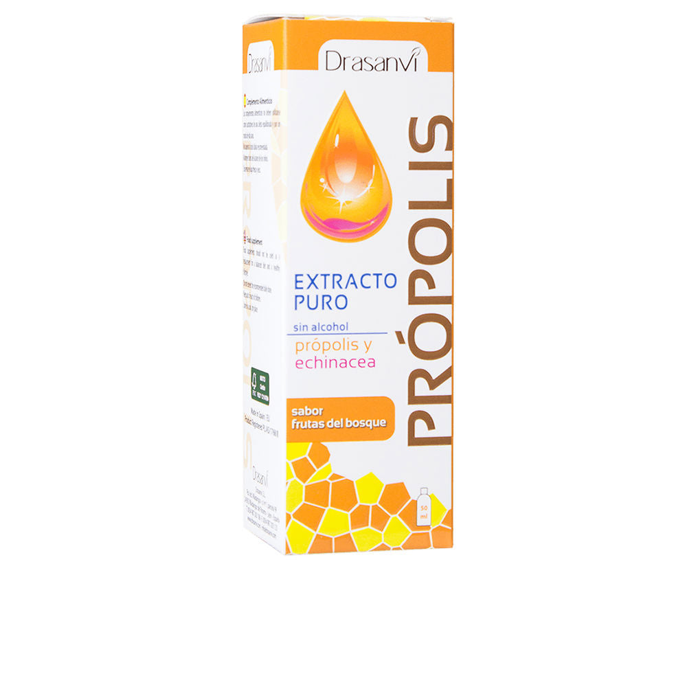 Drasanvi Clean rectangular cardboard box with droplet graphic, honeycomb band, vertical multicolor text in warm tones.