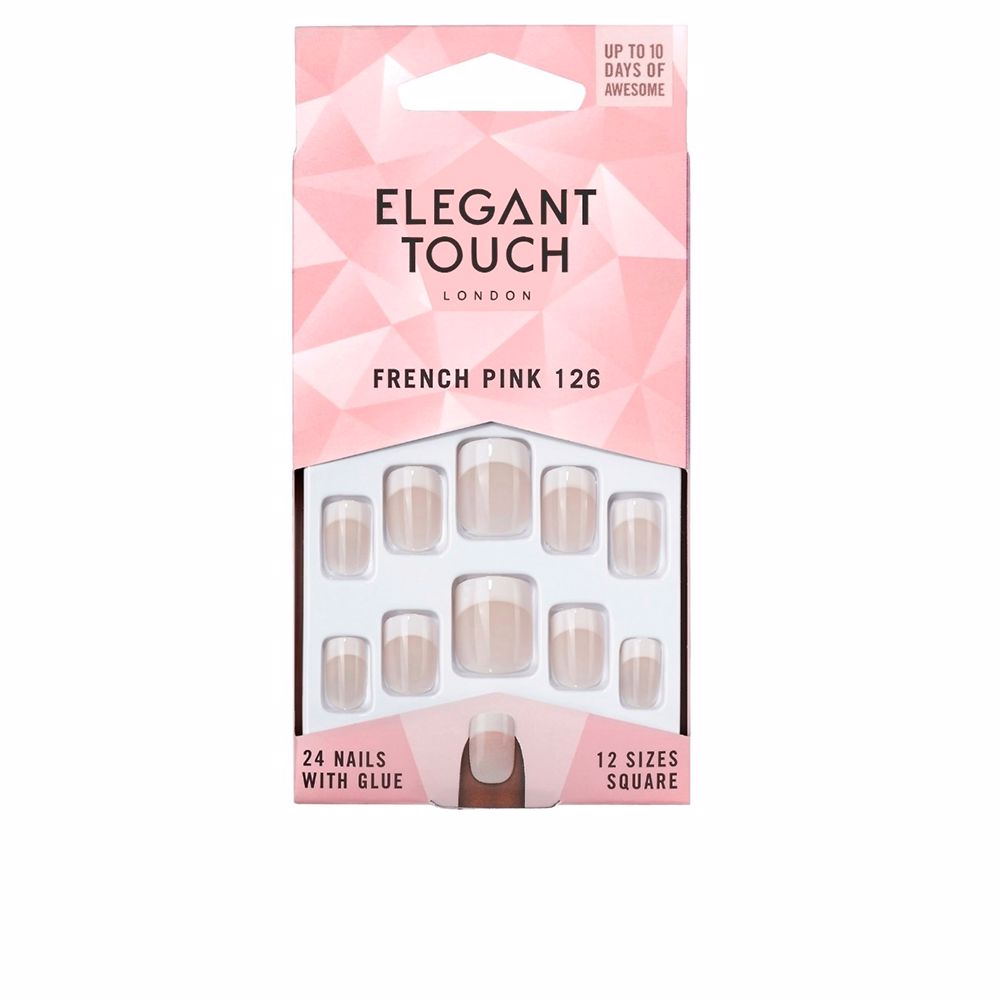Set of 24 square French pink press-on nails with adhesive tabs, ready-to-wear