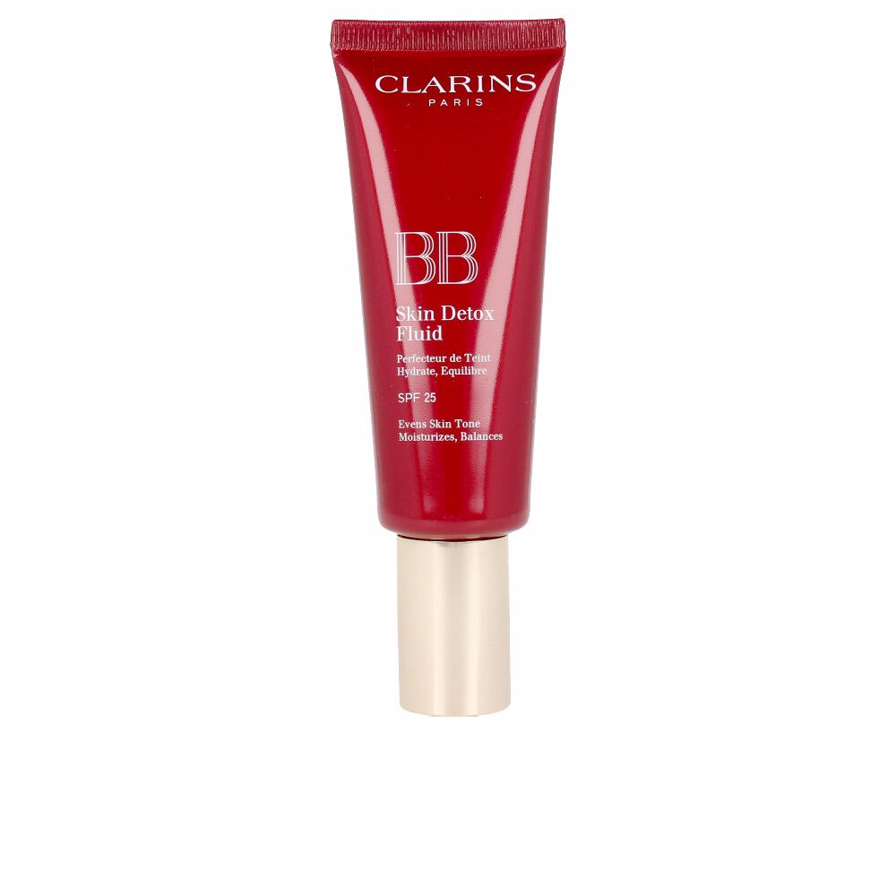 Red and beige minimalist plastic tube with screw cap showing tinted BB Cream — Clarins