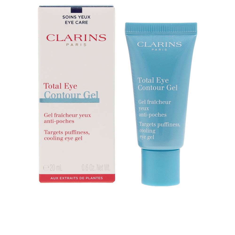 Clarins blue and white plastic eye gel tube with red accents beside minimalist cardboard box