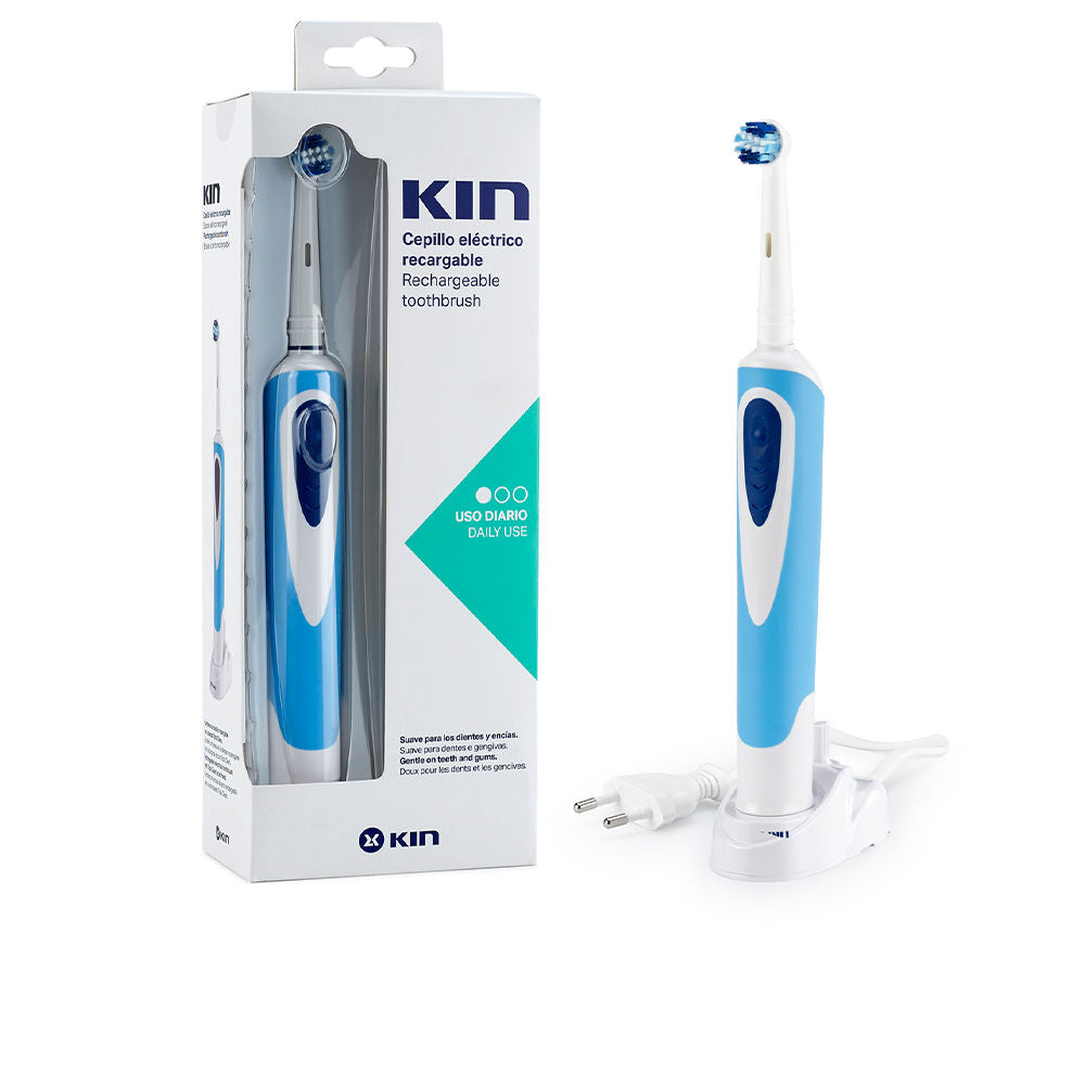 White rechargeable electric toothbrush with oscillating round head and charging base
