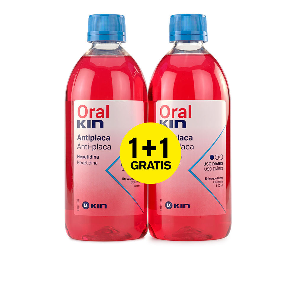Kin Two plastic mouthwash bottles with red, blue, white labels, blue caps and yellow promotional sticker