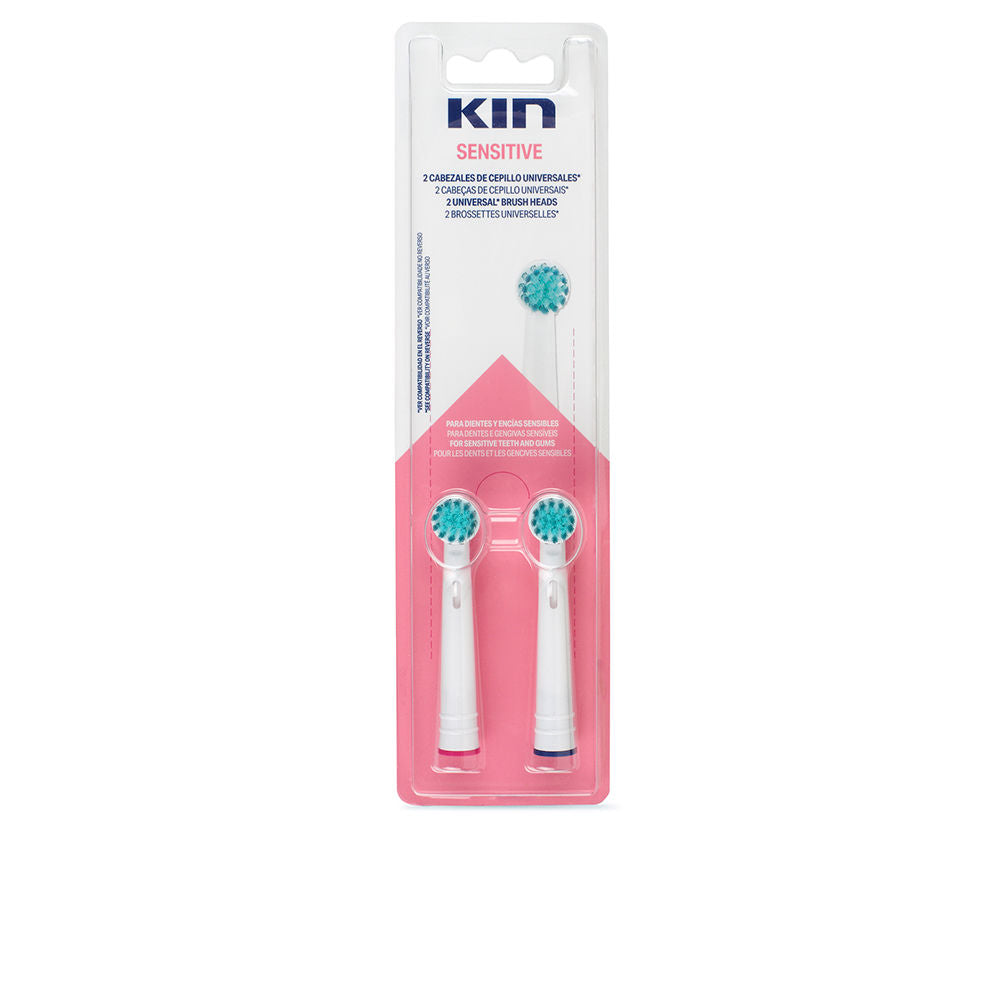 Two universal electric replacement toothbrush heads with soft indicator bristles