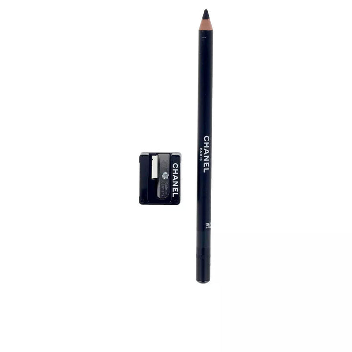 Chanel black wood eyeliner pencil with sharpened tip, visible logo and included metal sharpener