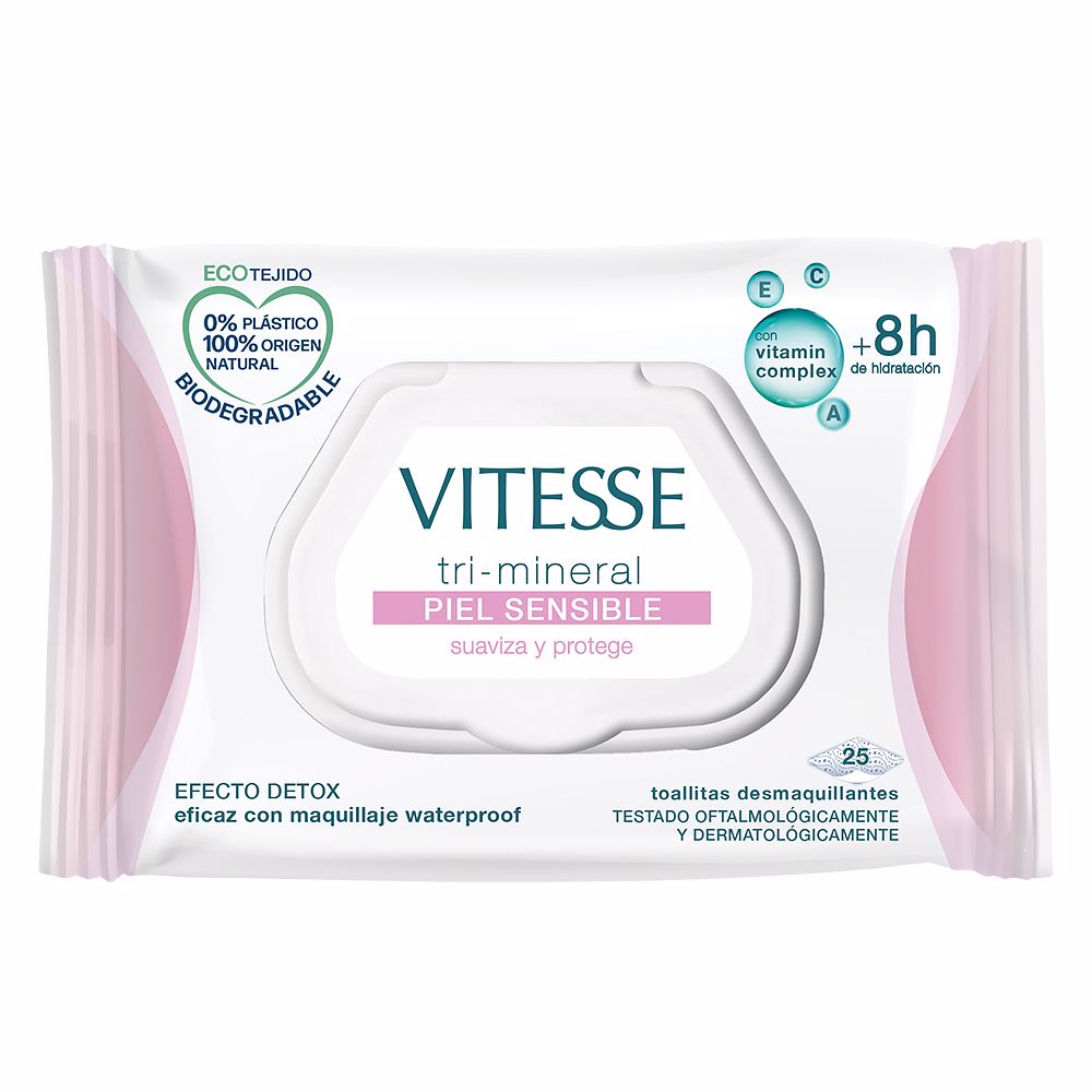Pack of 25 Tri‑Mineral cleansing wipes for sensitive skin, white packet