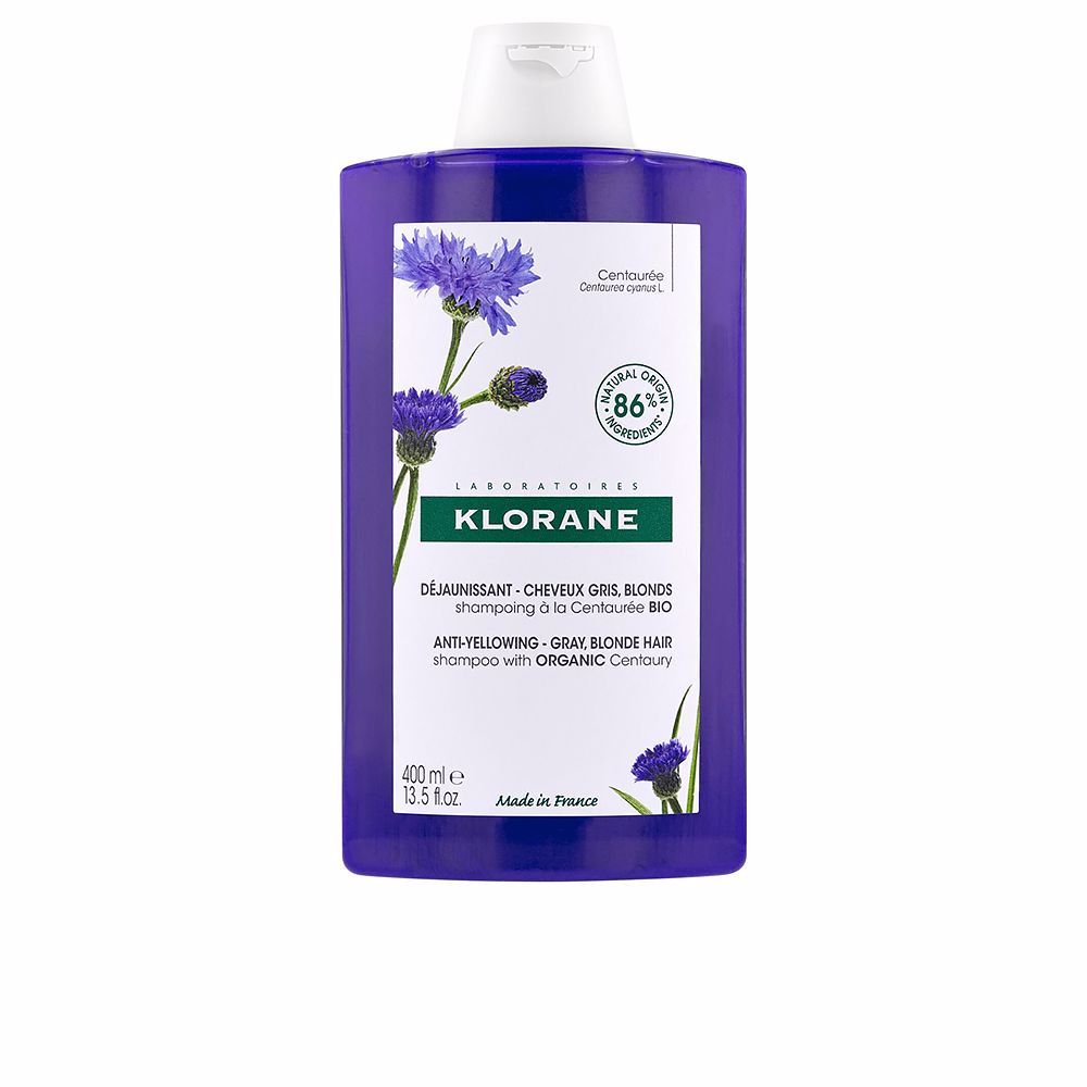 400 ml purple anti‑brass shampoo bottle with Centaurea cornflower