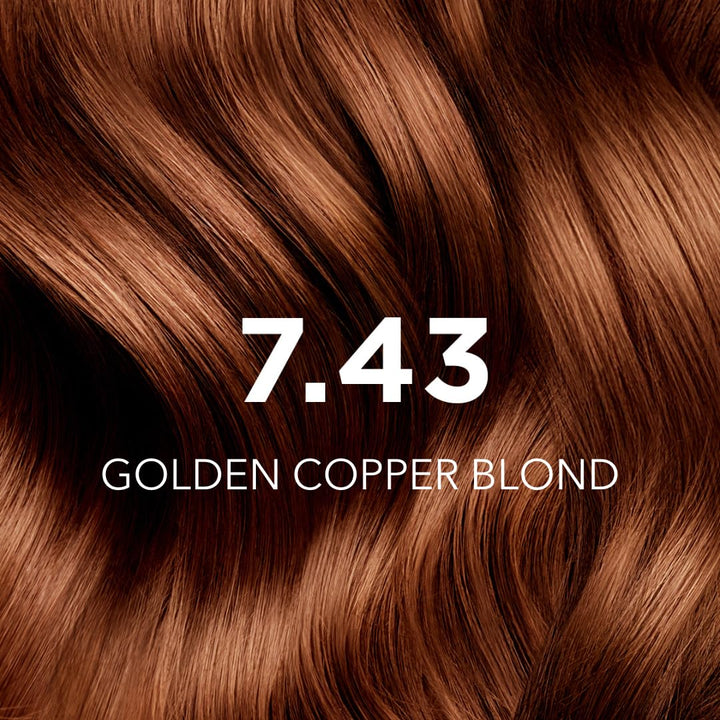 Tube of golden‑copper gel hair colour, 7.43 shade, silicone‑free formula
