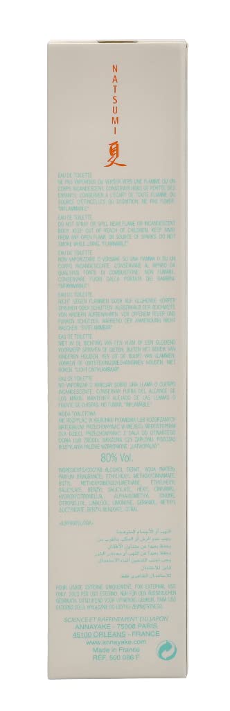 Clear glass perfume bottle labelled Natsumi, 100 ml, fruity floral eau de toilette for Women