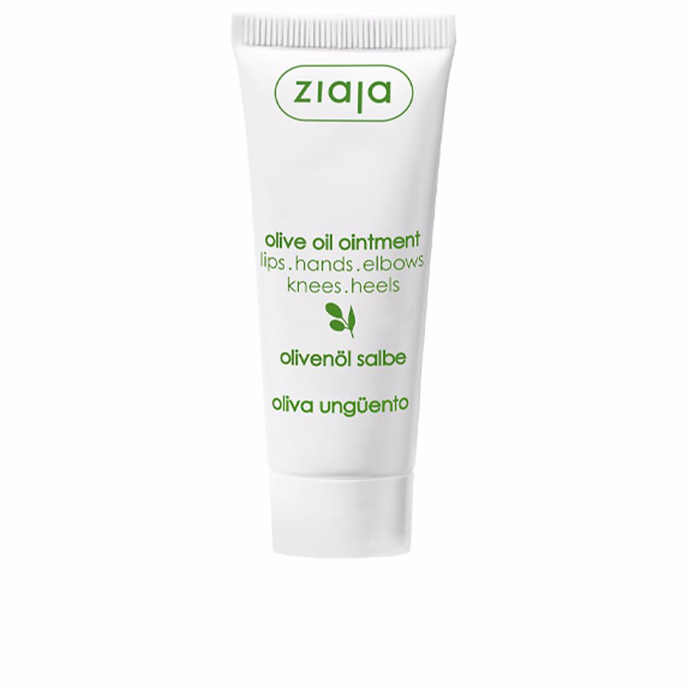Plastic ointment tube with screw cap, white with green text, minimalist clean design, Ziaja