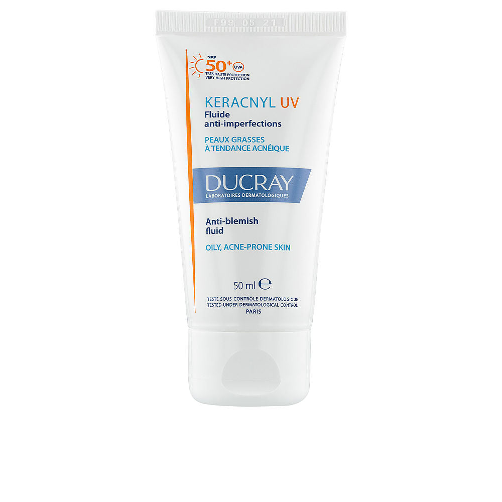 50 ml mattifying anti‑blemish SPF50+ fluid in slim tube, lightweight finish