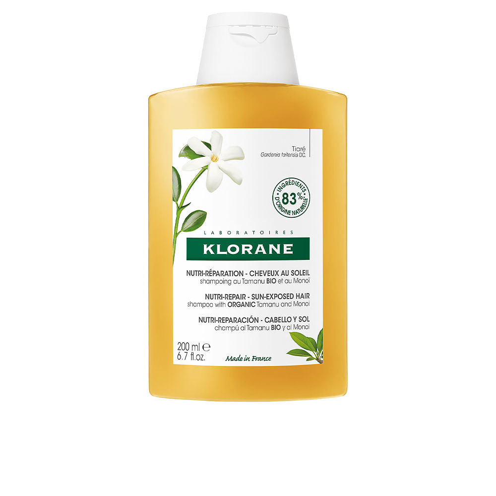 200 ml bottle of Monoi & Tamanu nourishing shampoo, floral label, Unisex hair care