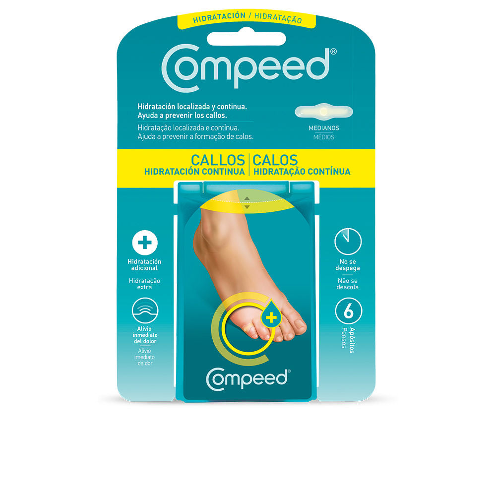 Compeed Teal, yellow, and white medical-style patch packaging showing foot illustration, icons, and clock symbol