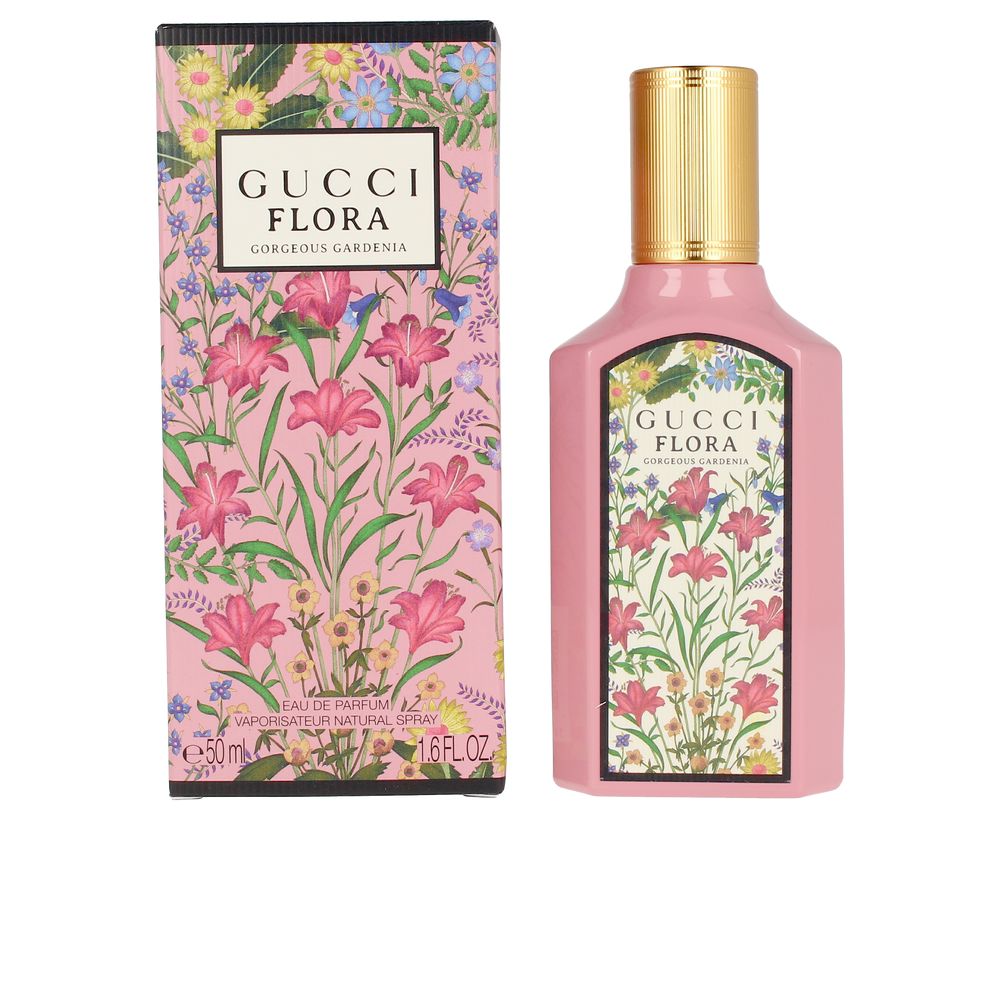 Pink crystal 50 ml floral eau de parfum bottle with gold cap and Flora motif