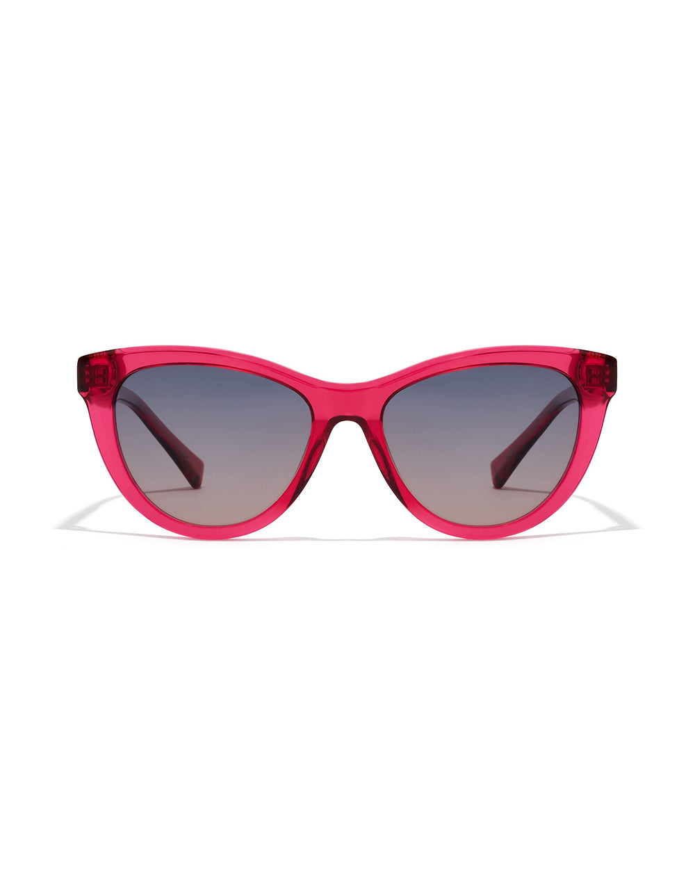 Unisex cat‑eye sunglasses in translucent cherry acetate with grey‑to‑pink gradient lenses