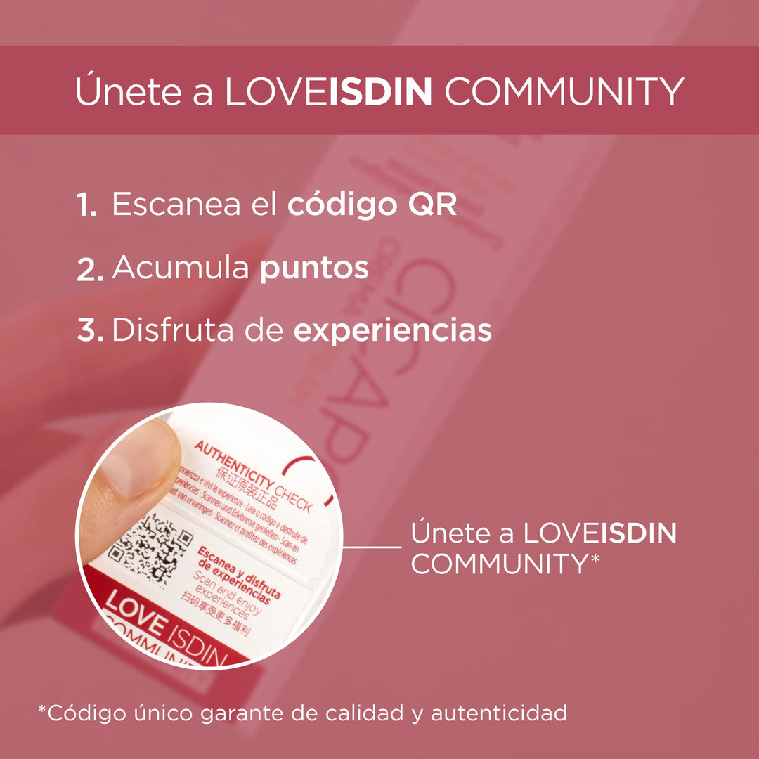 Isdin White cream tube and box with maroon cap, maroon and orange text, minimalist clinical plastic and cardboard