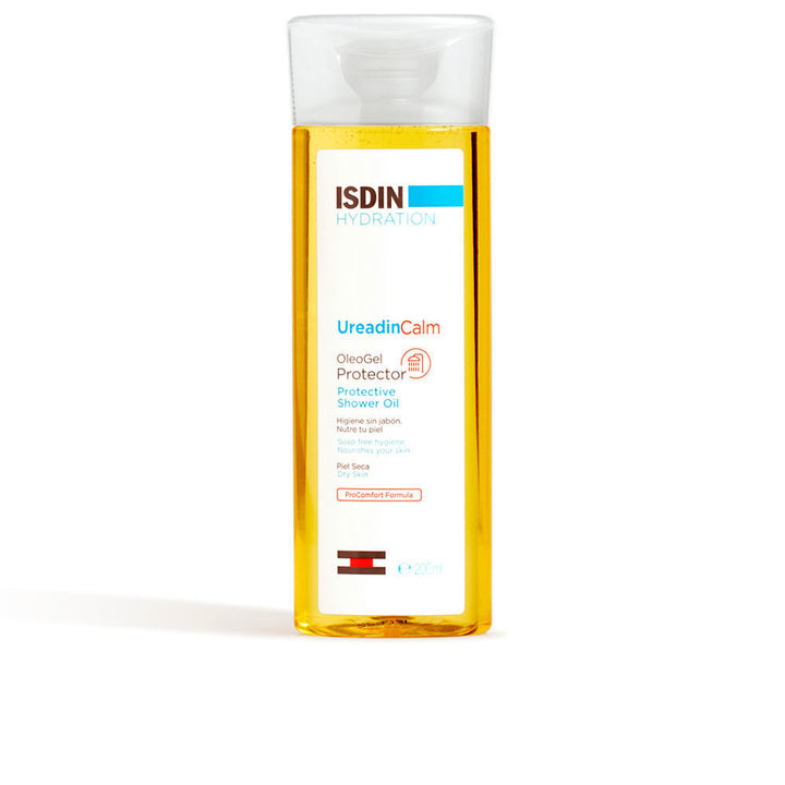 200 ml bottle of soothing urea shower oil gel, pale golden gel texture