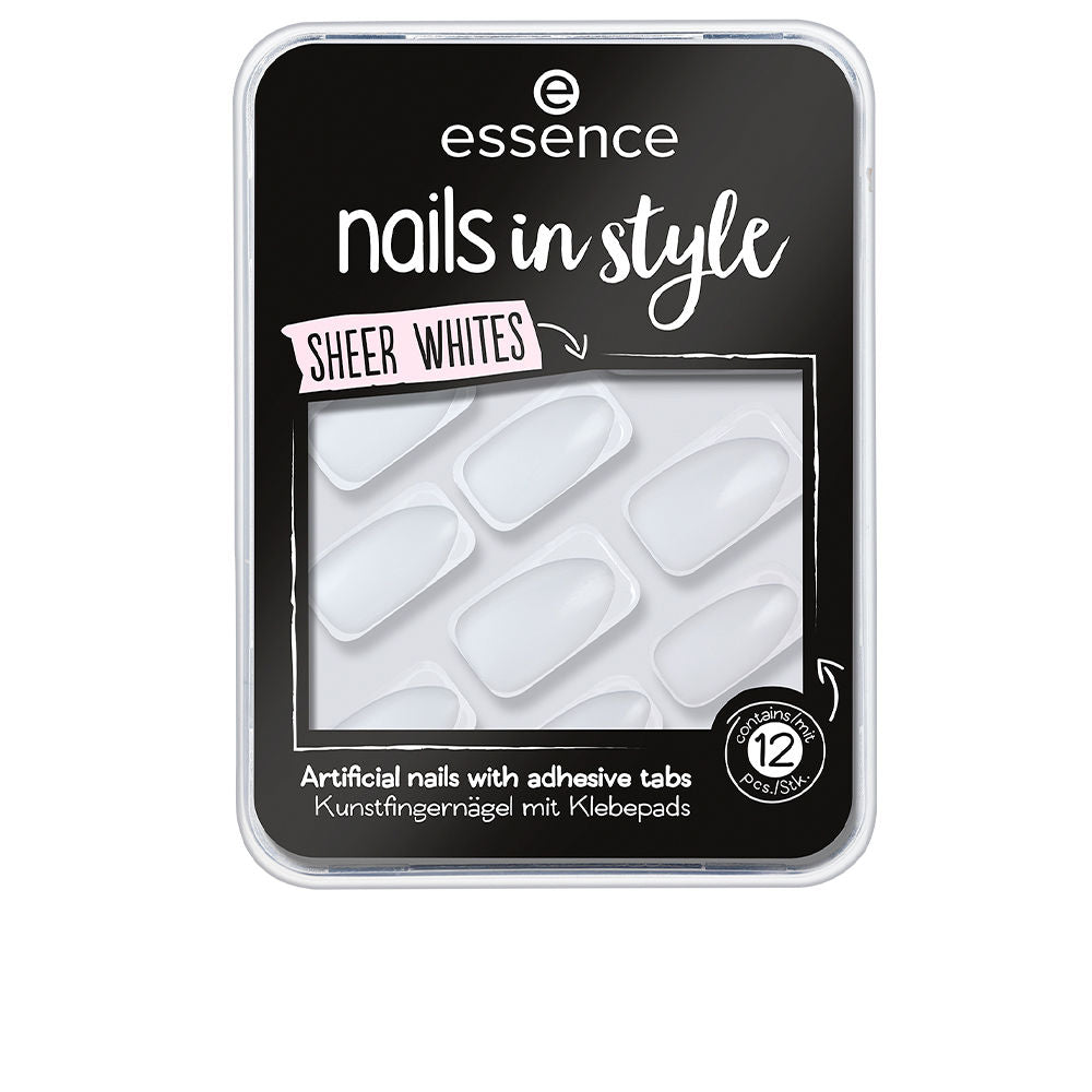 Set of 12 almond-shaped sheer white press-on nails with adhesive tabs
